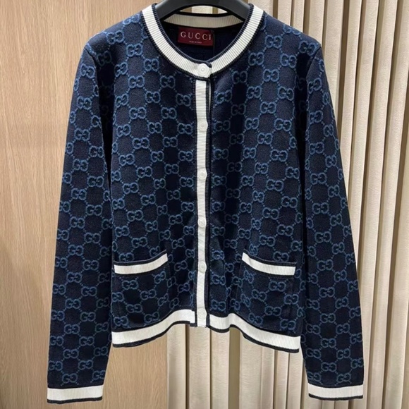 Gucci GG Logo Monogram Striped Jacquard Knit Cotton Cardigan in Navy size Large - Picture 1 of 8